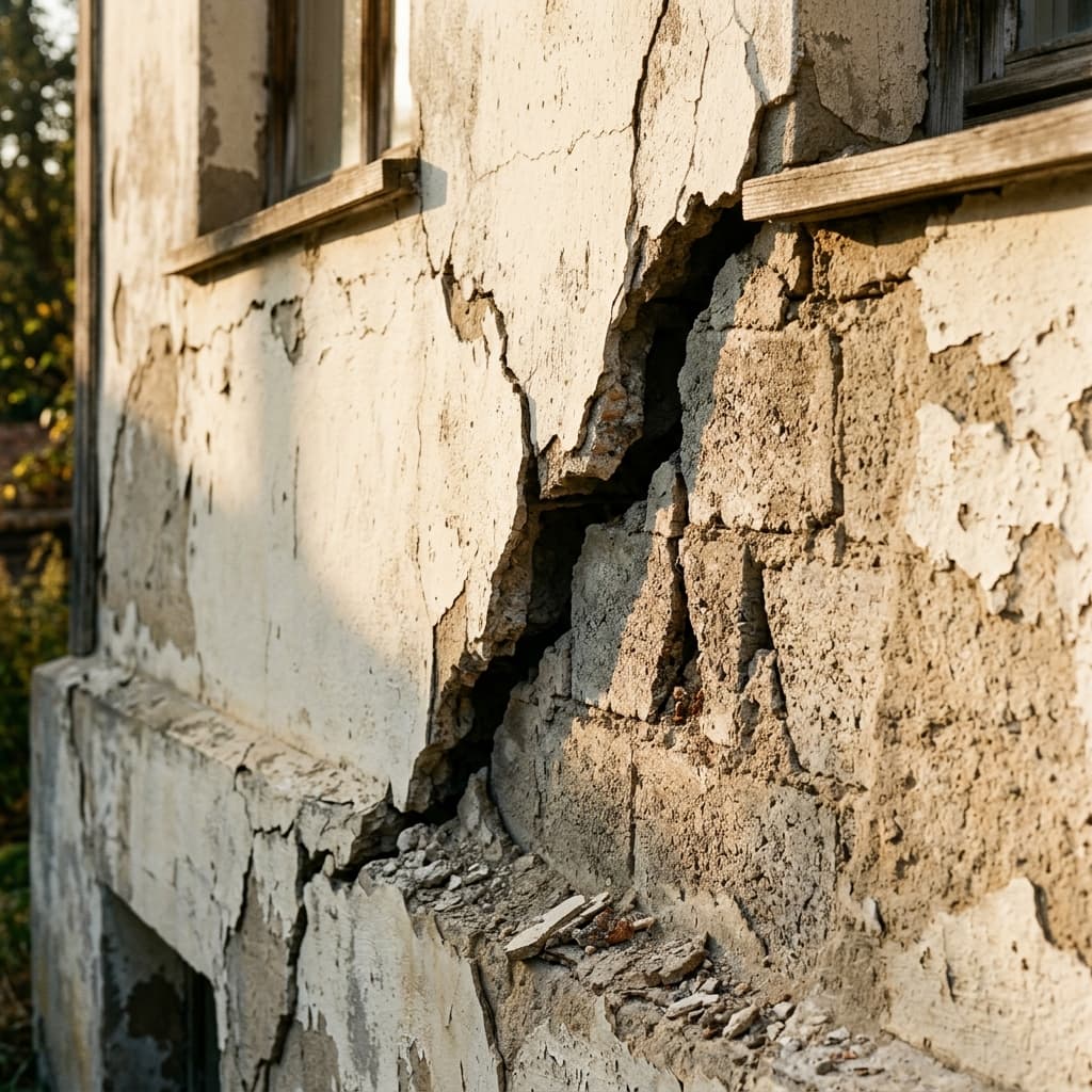 Observation de fissures structurelles et dégradation d'enduit sur une façade de maison.