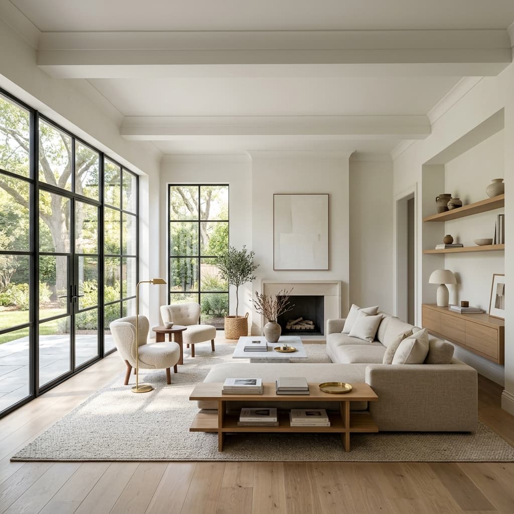 Photo après travaux d'un salon rénové à Olivet avec peinture blanche mate sans fissures.