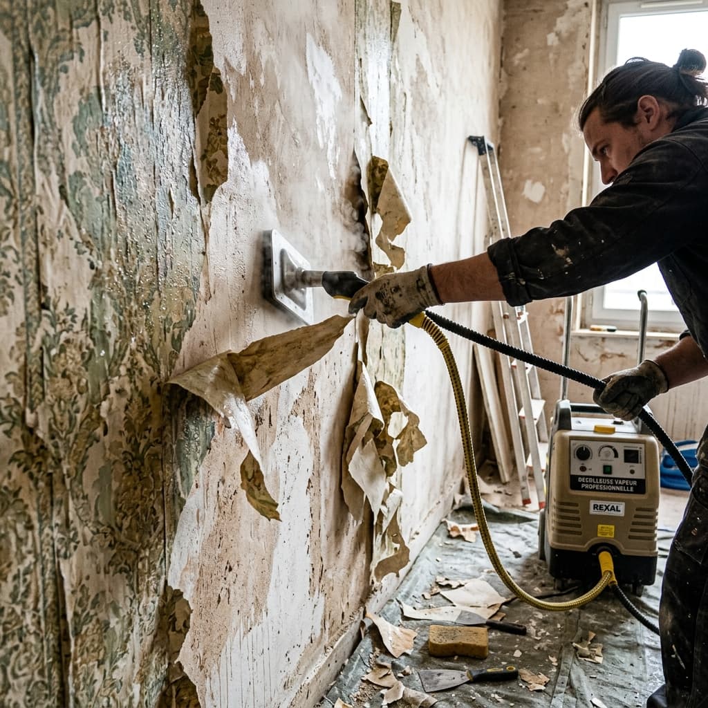 Utilisation d'une decolleuse eponge vapeur sur ancien papier peint fleuri