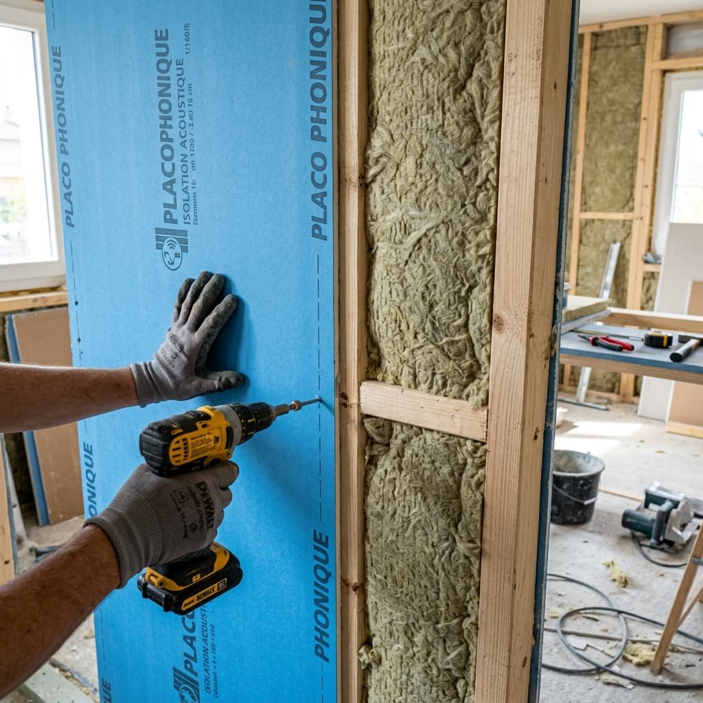 Placo phonique bleu et isolation laine de roche dans armature mur