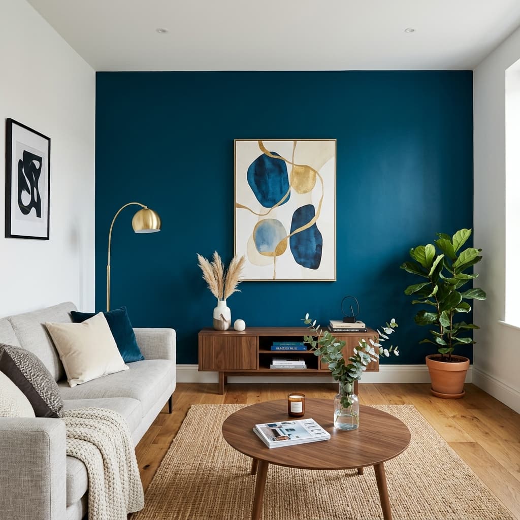 Salon moderne avec un mur d'accentuation bleu paon lumineux