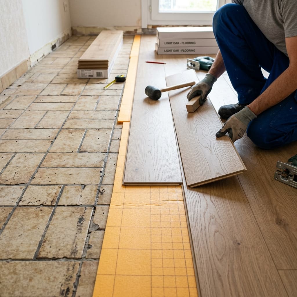 Pose de lame de parquet flottant bois clair sur carrelage ancien
