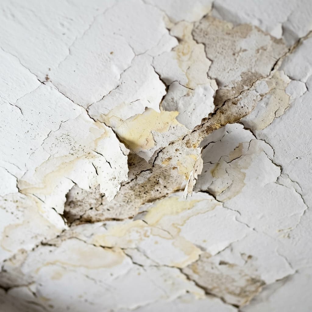 Gros plan d'un plafond blanc avec de la peinture cloquée et écaillée dû à l'humidité