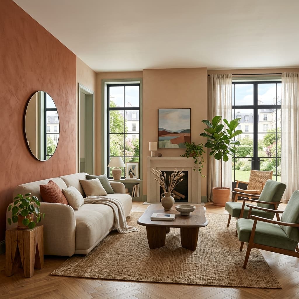 Salon moderne avec couleurs tendance 2026 terracotta et vert sauge — Décoration intérieure Orléans