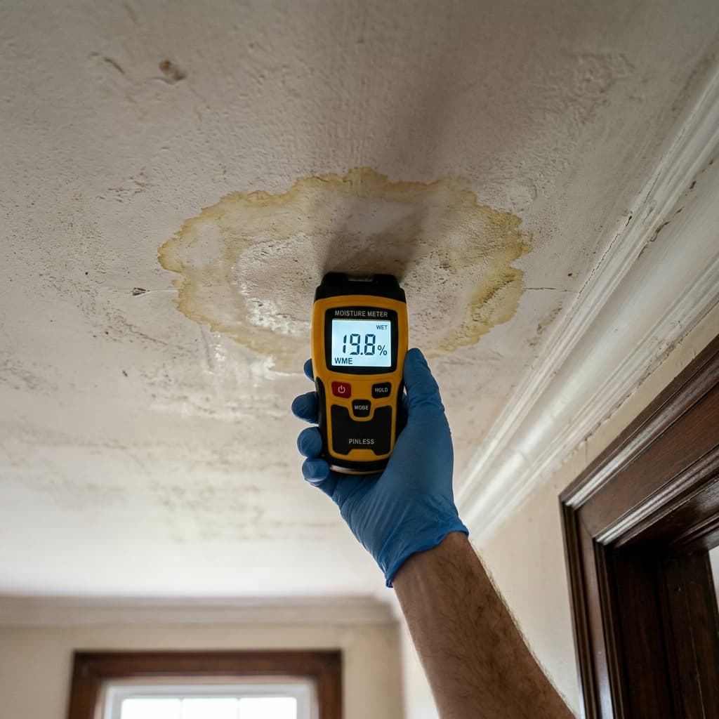 Mesure de l'humidité au plafond avec un appareil professionnel après un dégât des eaux.