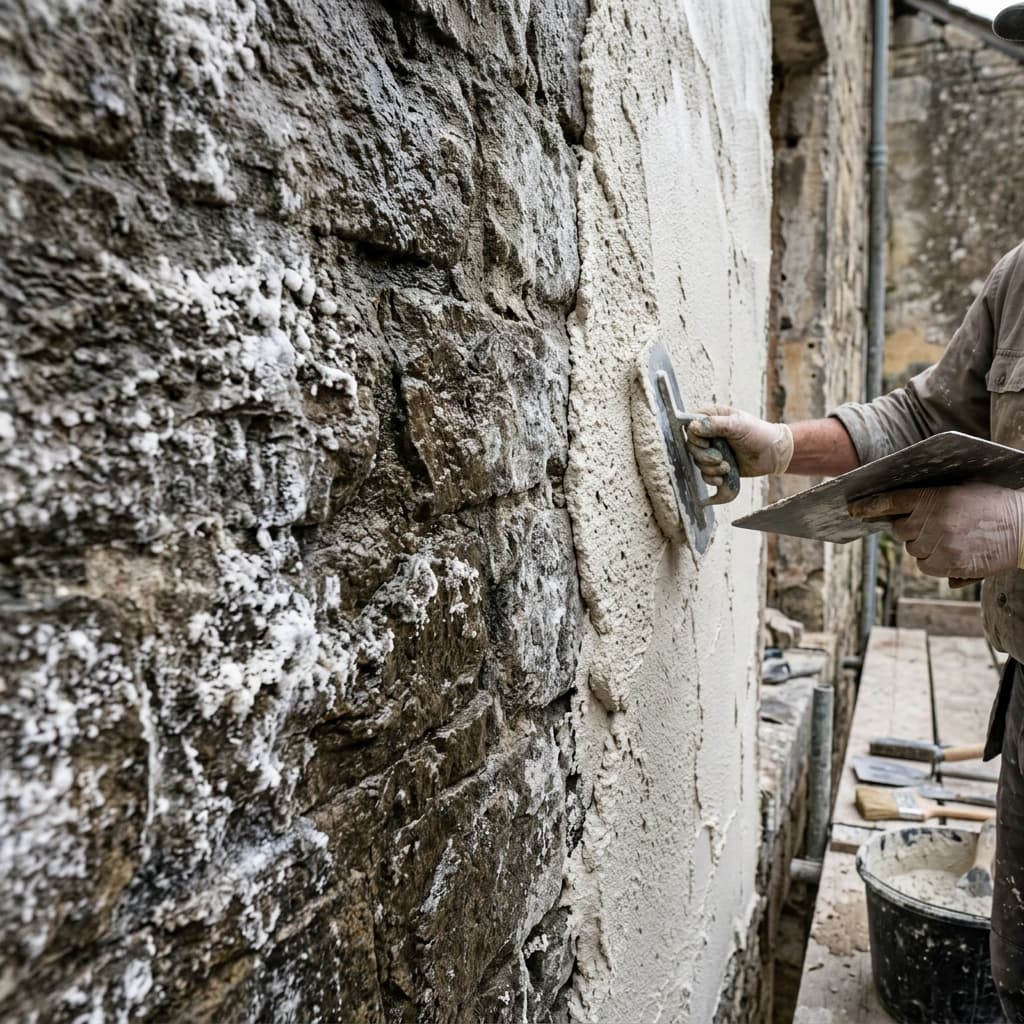Application d'un enduit minéral à la chaux sur un mur ancien sujet à l'humidité.