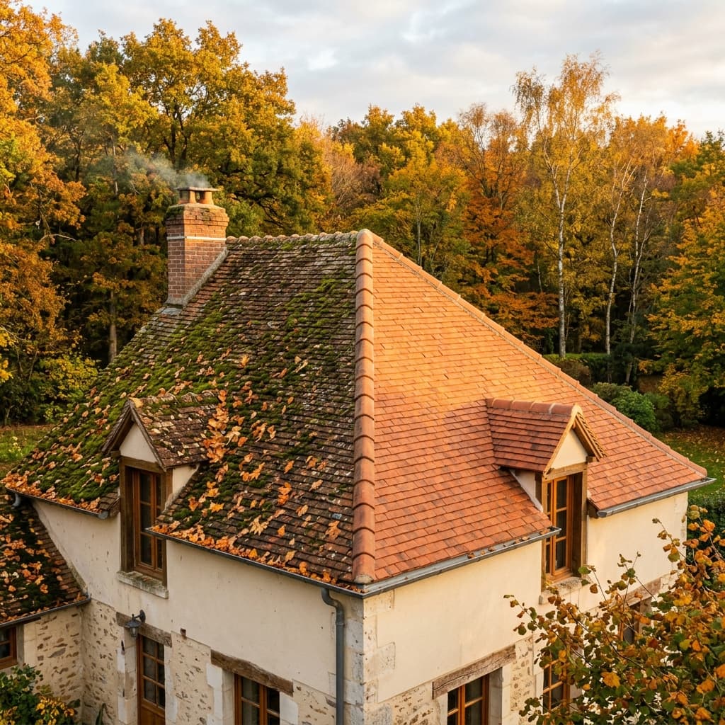Démoussage et nettoyage de toiture en automne sur une maison pavillonnaire du Loiret.