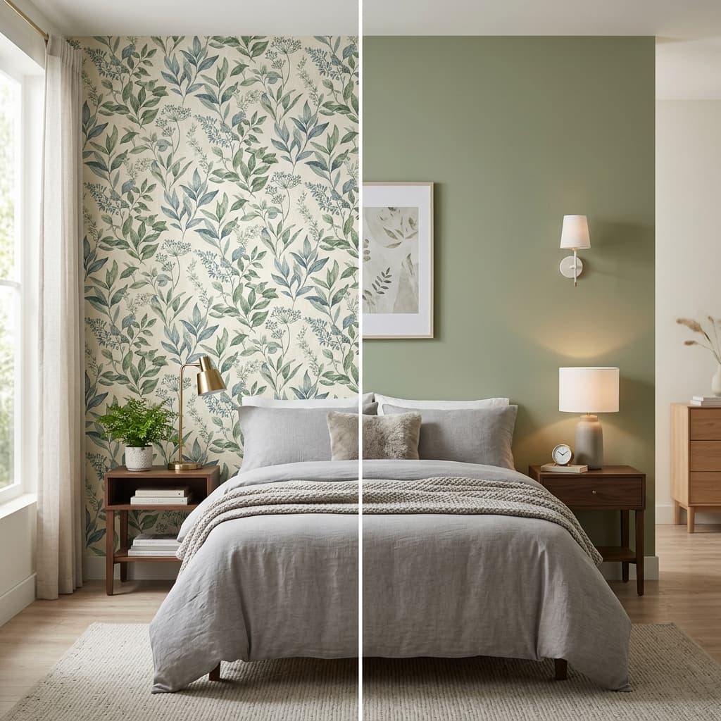 Comparaison papier peint panoramique et peinture unie dans une chambre moderne — Conseil déco Orléans