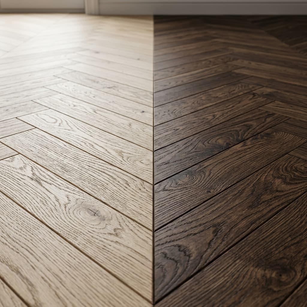 Comparaison entre parquet en chêne clair et parquet en noyer foncé pour l'aménagement intérieur.