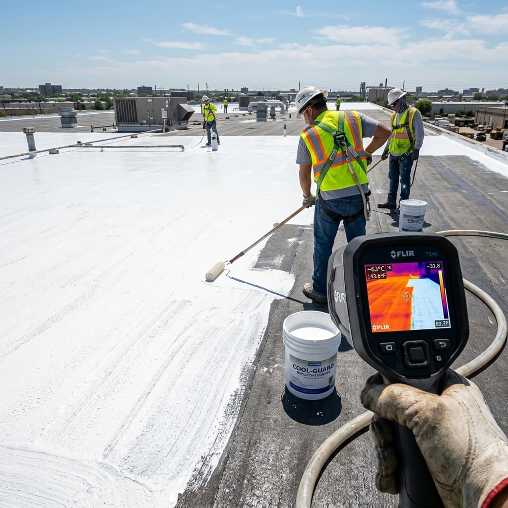 Application d'une peinture thermique réfléchissante blanche sur une toiture (Cool Roof).