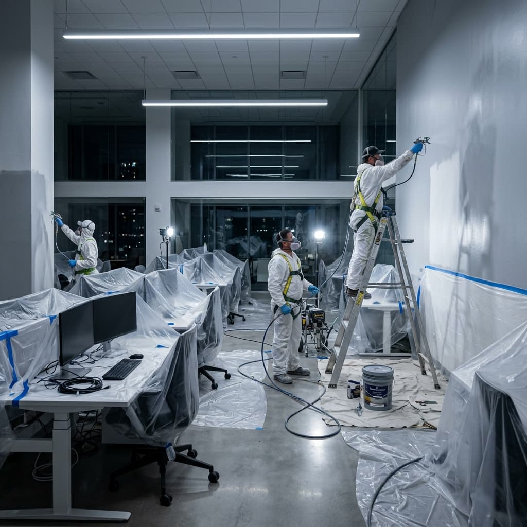 Chantier de peinture de bureaux professionnels de nuit avec protection complète du matériel.