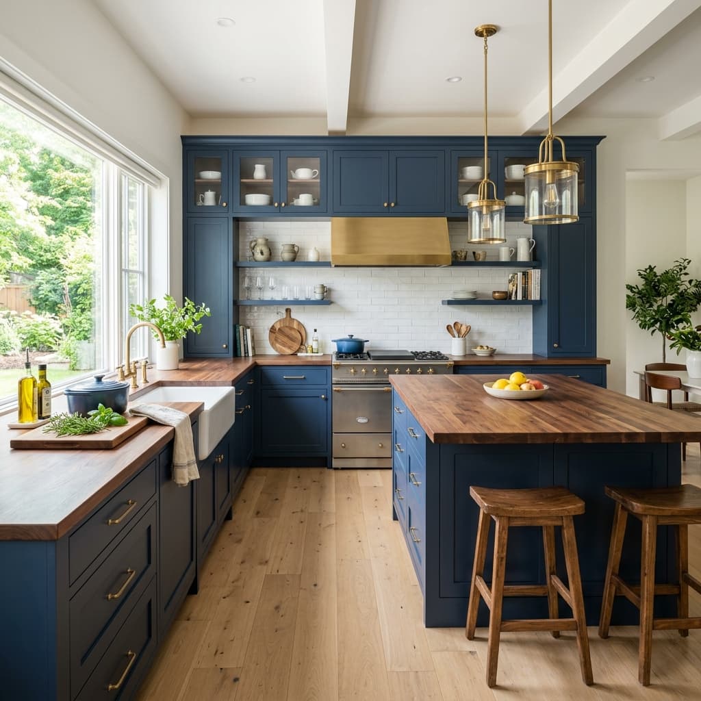 Rénovation de meubles de cuisine avec une peinture résistante bleu marine.