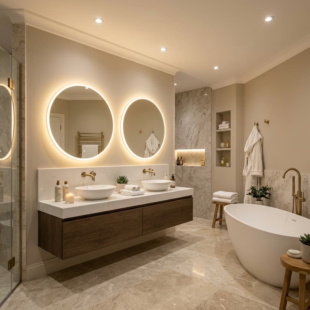 Aménagement d'une petite salle de bain sans fenêtre avec peinture lumineuse et éclairage LED.