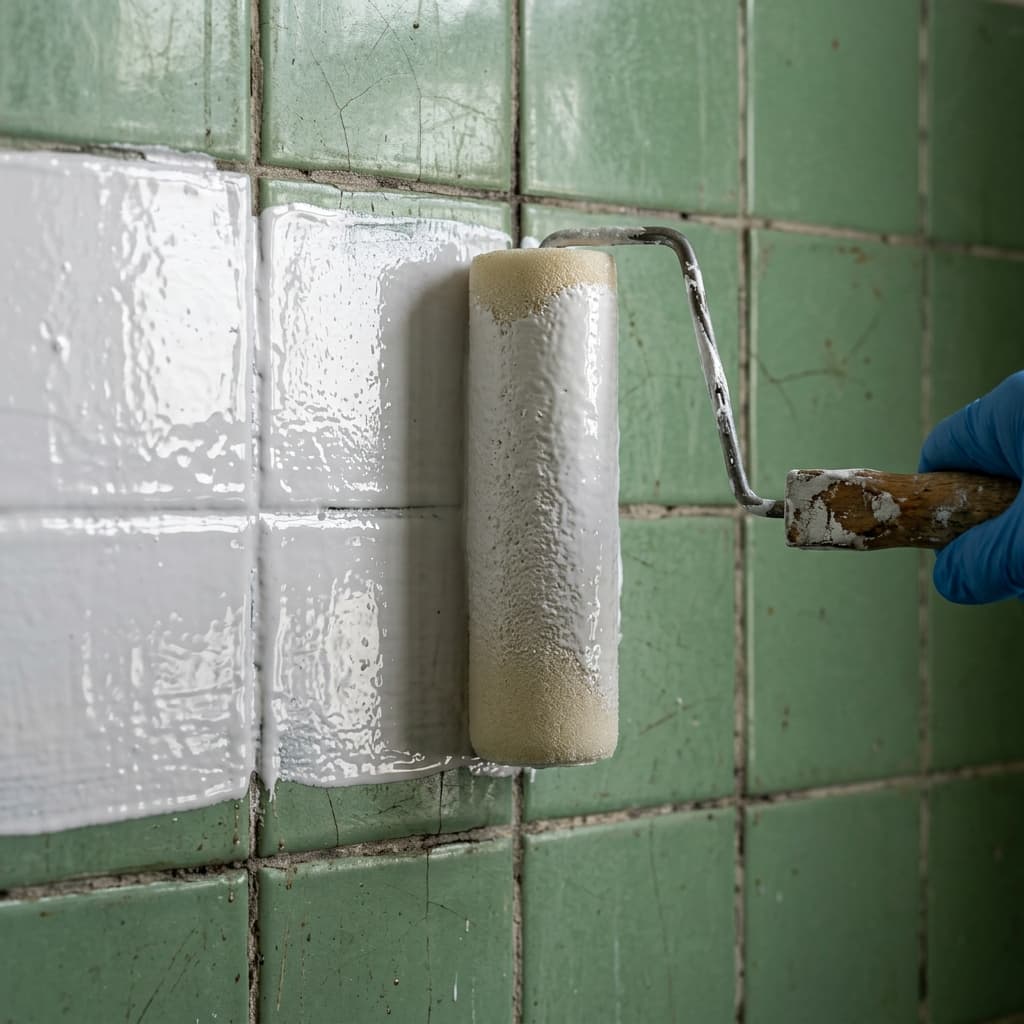 Rénovation de carrelage mural de salle de bain avec l'application d'une résine blanche brillante.