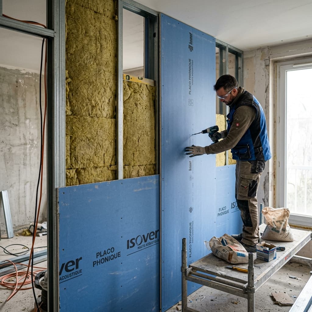 Installation de plaques de plâtre phoniques bleues pour une isolation acoustique optimale.