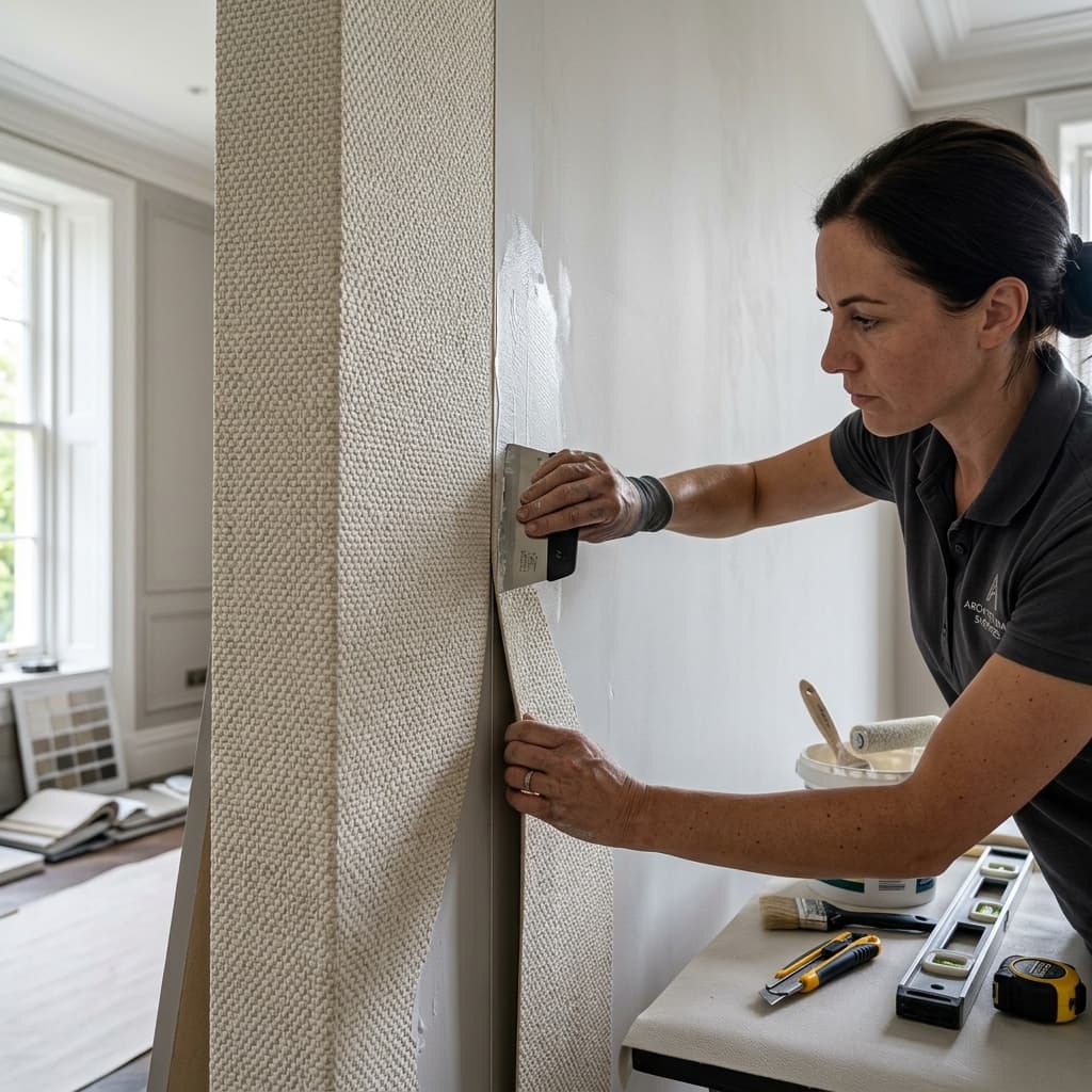 Pose méticuleuse d'un revêtement mural décoratif texturé type Buflon par un peintre expert.