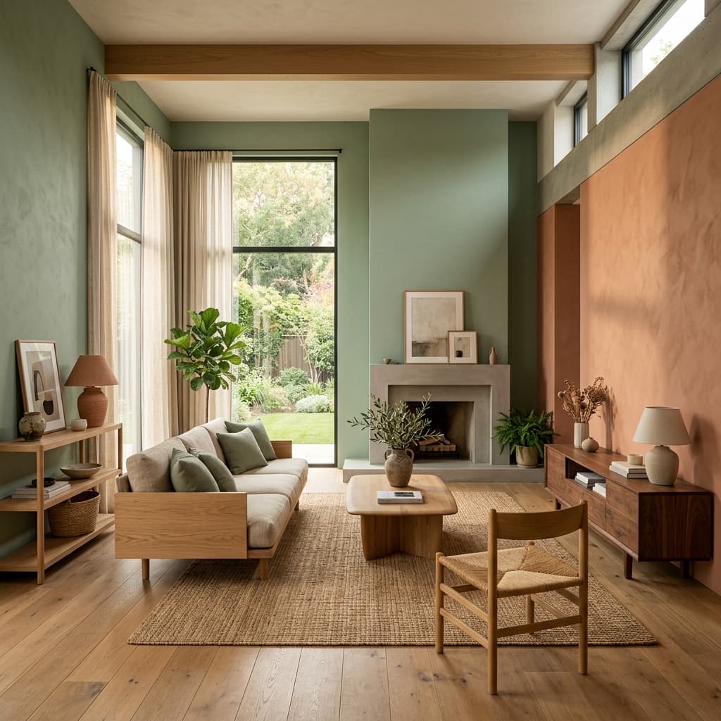 Palettes de couleurs tendances 2026 pour le salon : Vert Sauge et Terracotta poudré.