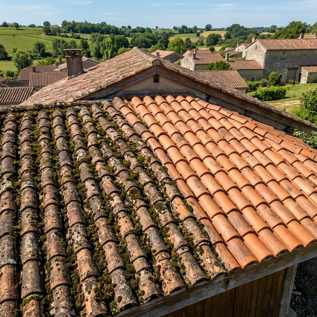Toiture couverte de mousse et algues avant nettoyage professionnel — Entretien toiture Orléans Loiret
