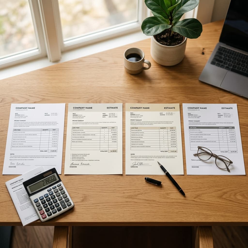 Plusieurs devis de peinture posés sur un bureau avec calculatrice — Comparer devis peintre Orléans
